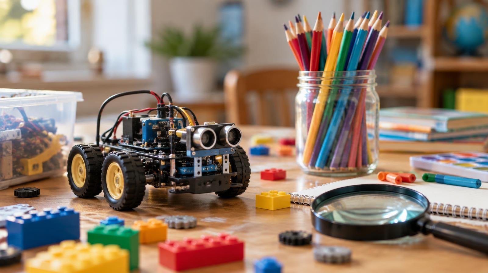 Building blocks, robot kit, colored pencils, and magnifying glass on a table.