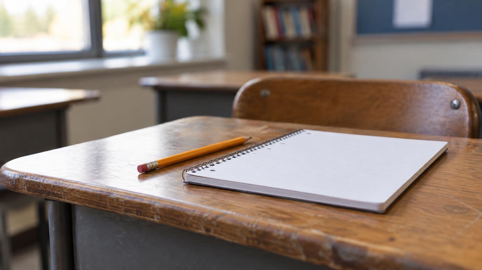 A wooden school desk with a pencil and blank notepad on top.