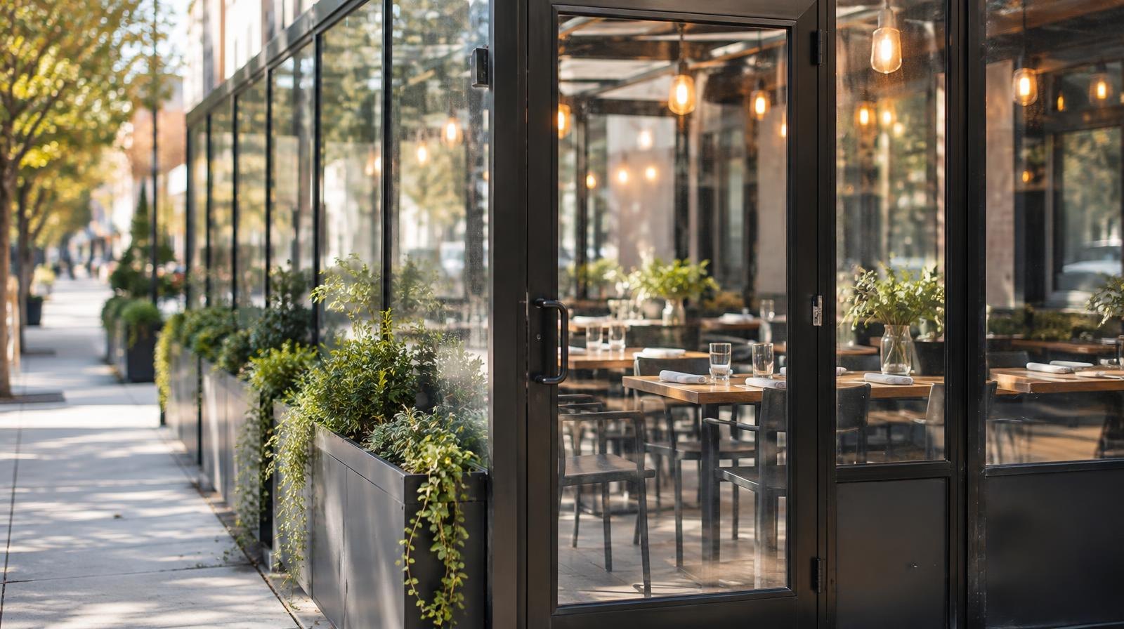 Glass-enclosed outdoor dining pergola with tables and chairs inside.