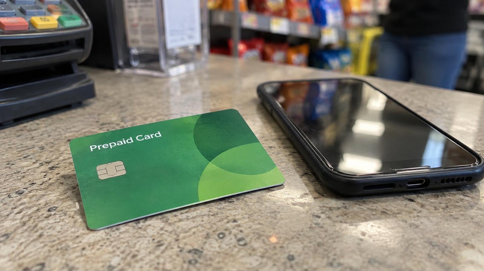A prepaid card resting on a counter next to a smartphone.