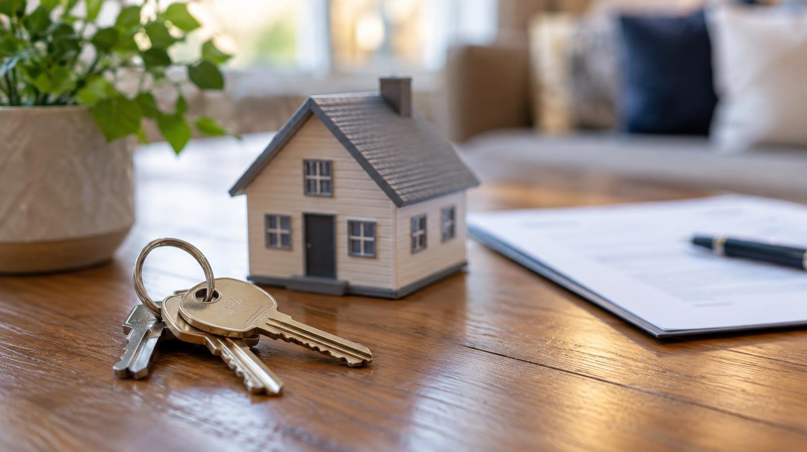 House keys and a small model house resting on a wooden table.
