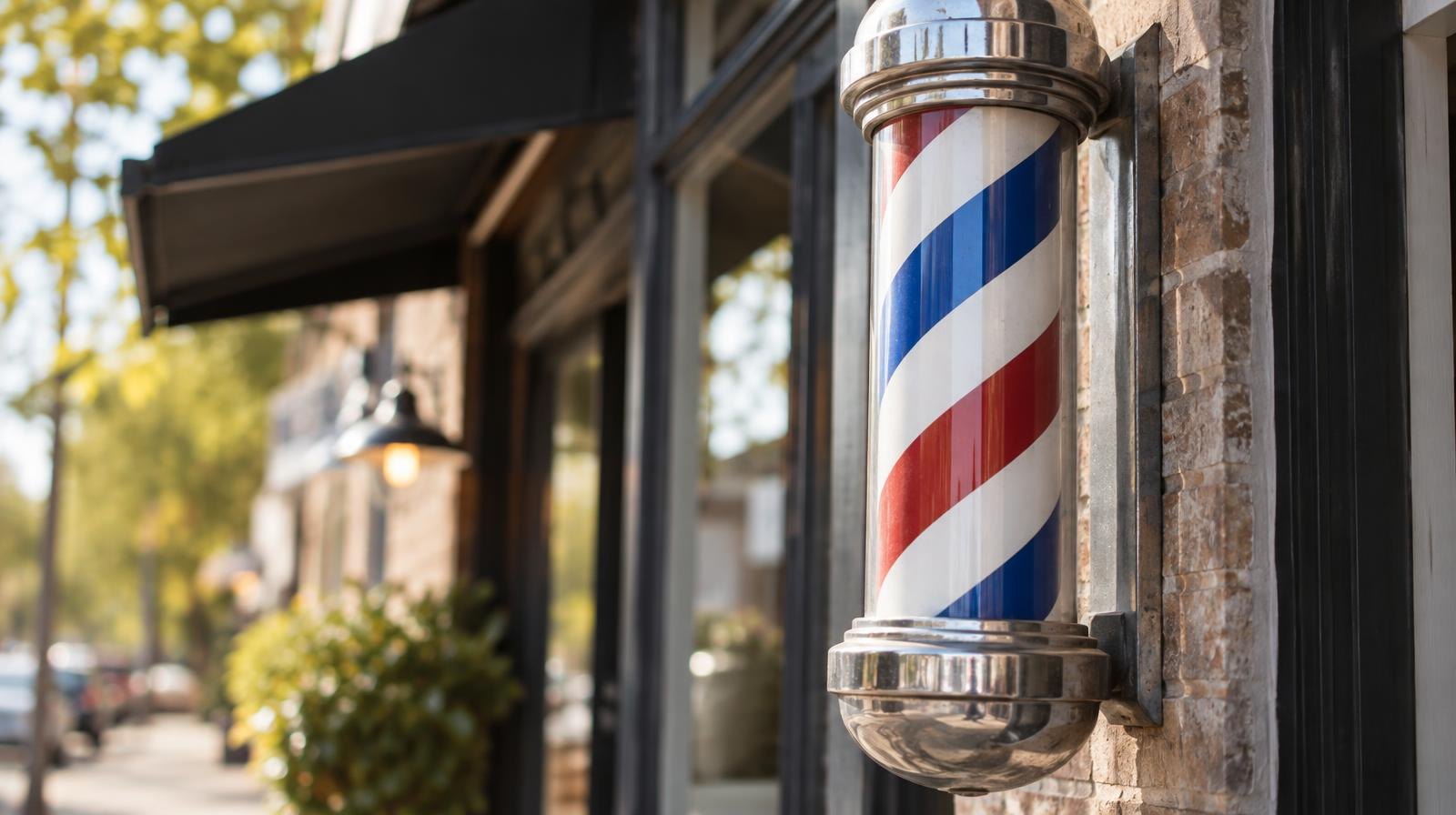 A red, white, and blue striped barber pole mounted outside a shop entrance.