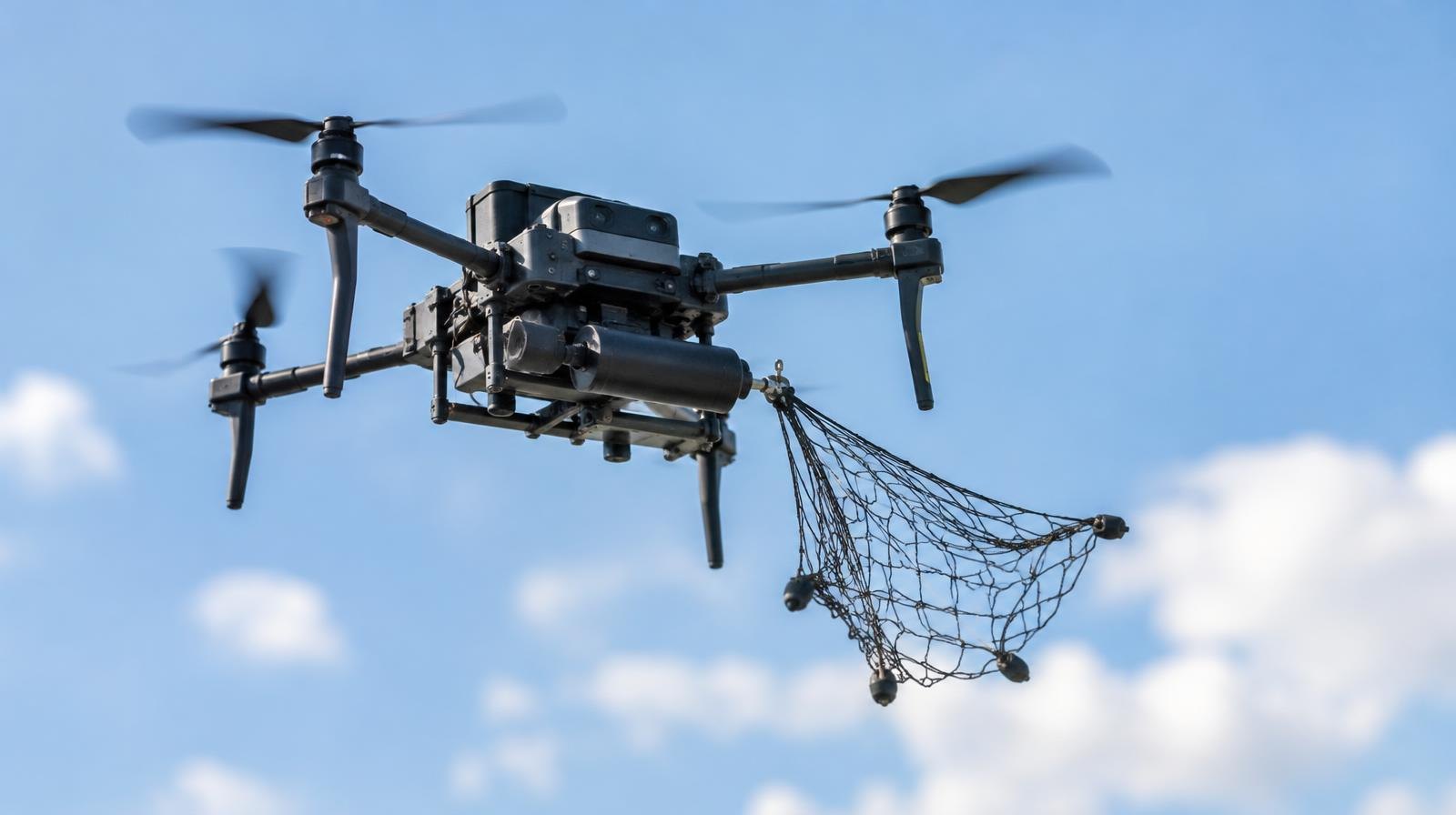 Small autonomous interceptor drone with net-launching mechanism hovering against a blue sky.