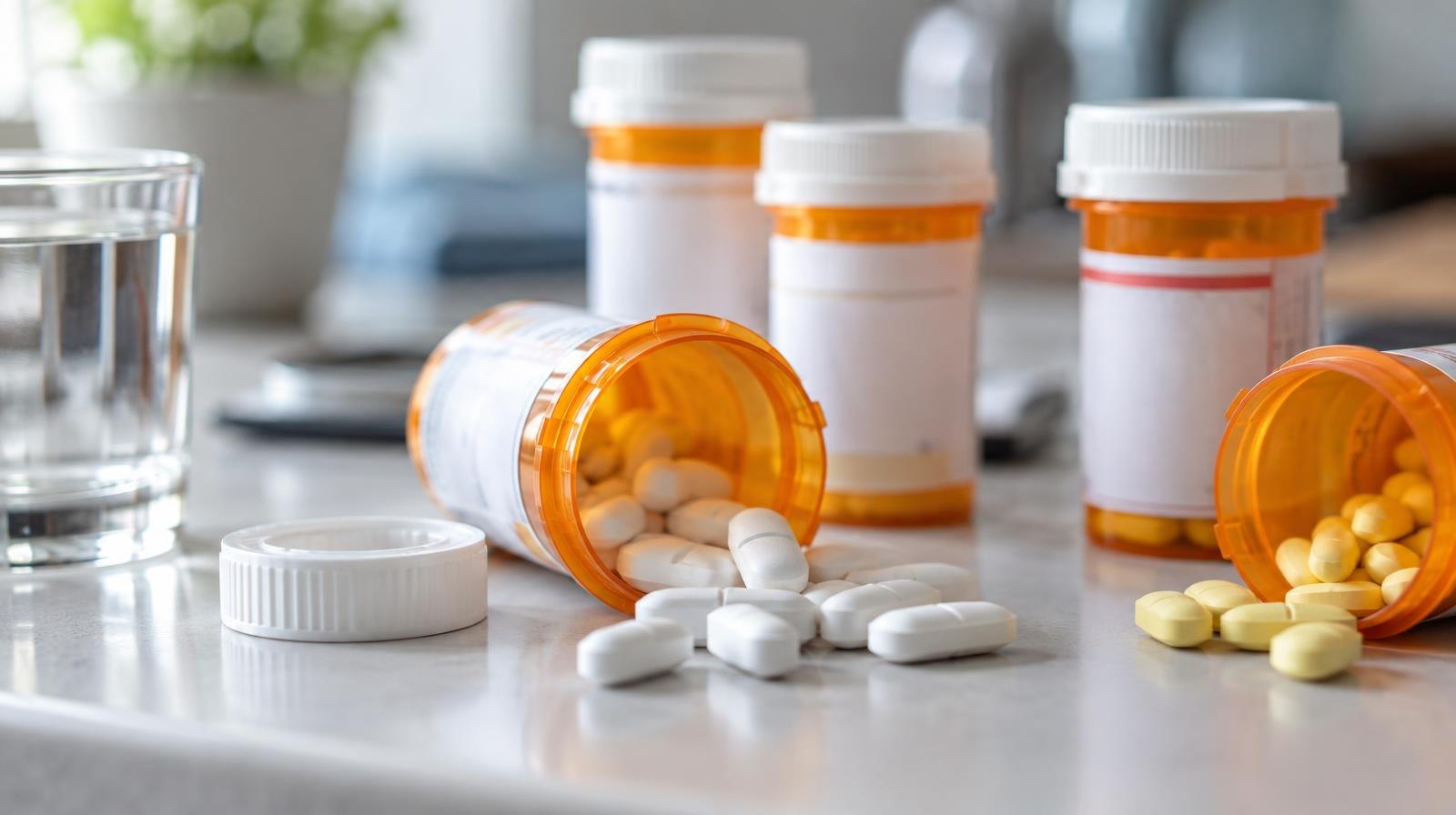 Several orange prescription pill bottles on a white surface, some open with colorful tablets visible.