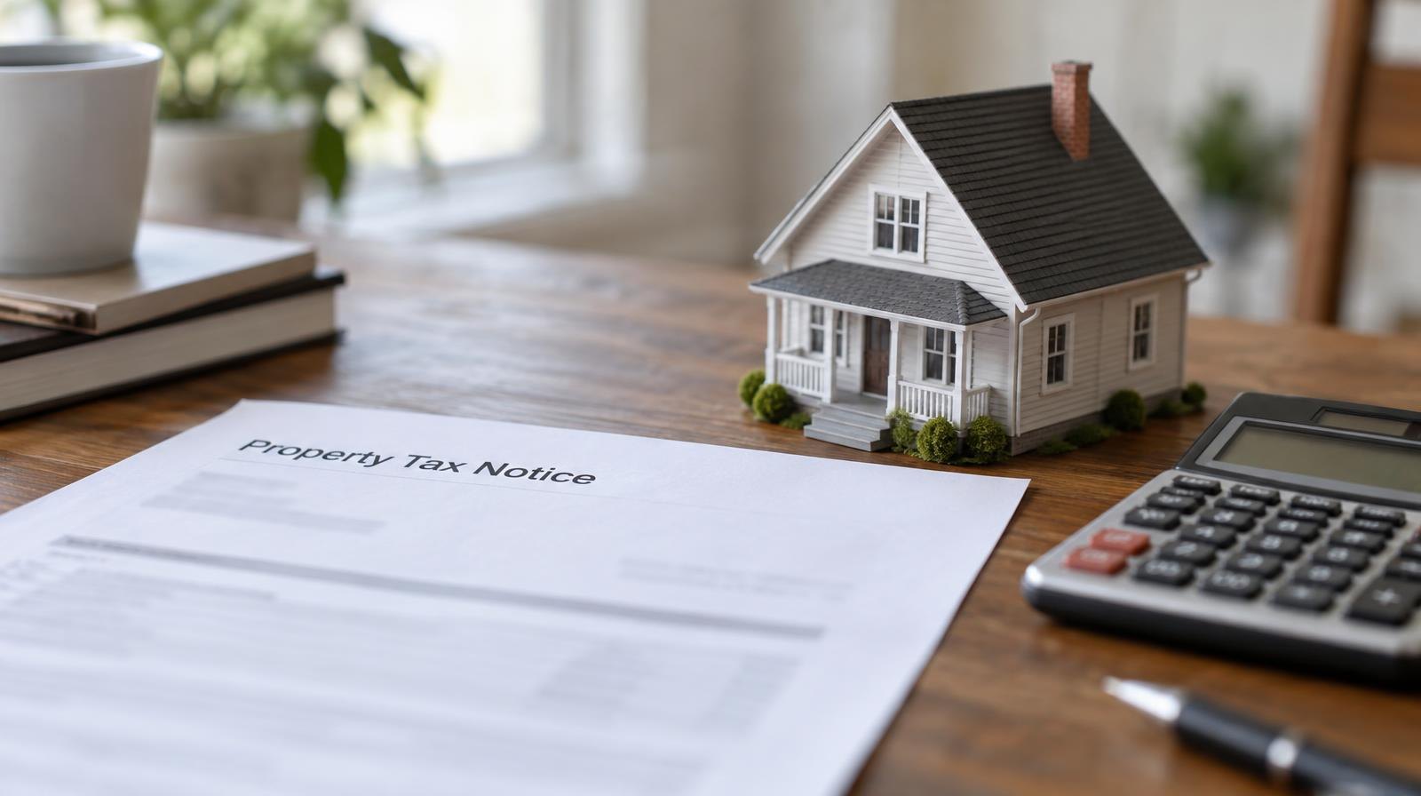 Small model house and calculator next to a document on a wooden desk.