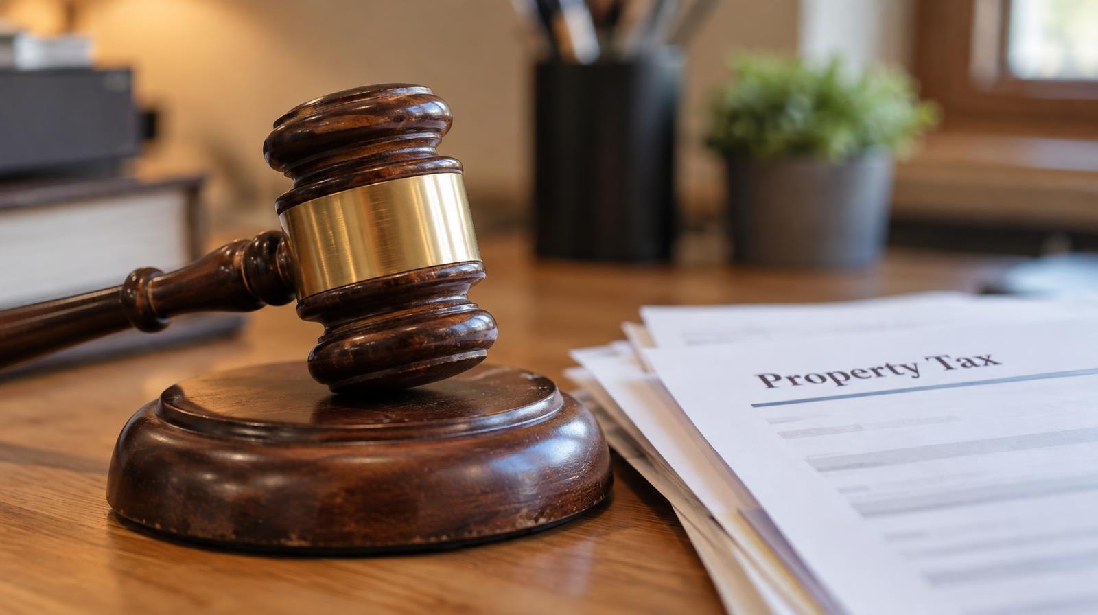 A wooden gavel resting on its sound block on a desk.