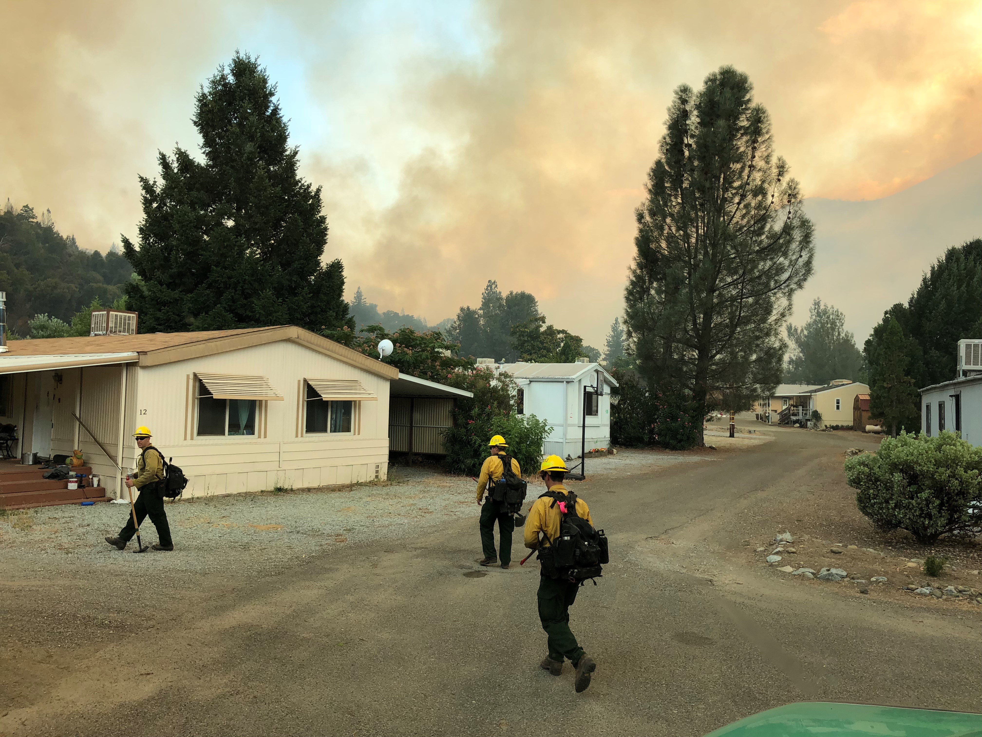 Three wildland firefighters in yellow gear walk through a smoke-filled residential neighborhood.