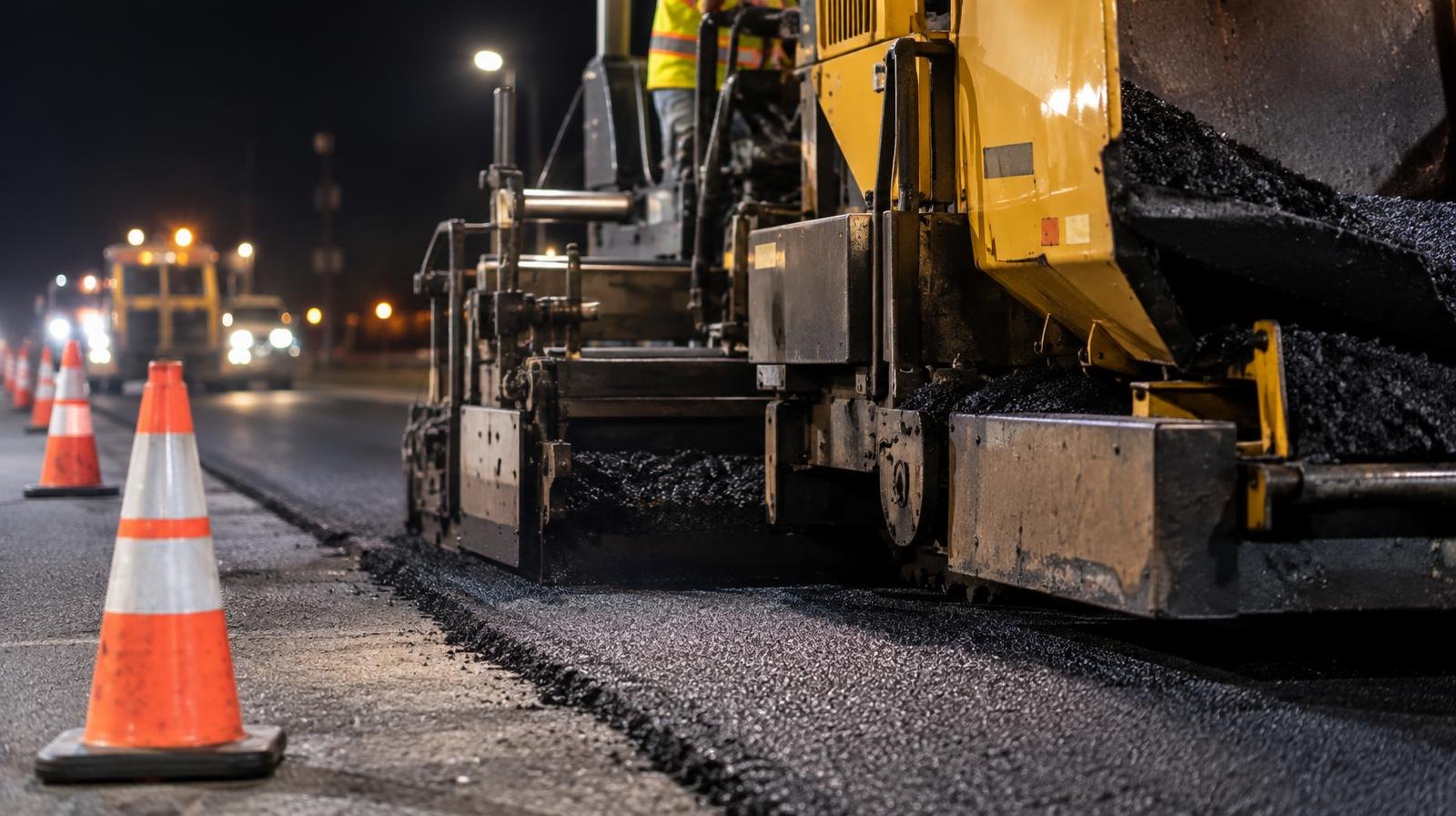 A yellow paving machine lays fresh dark asphalt on a road at night, flanked by orange traffic cones.