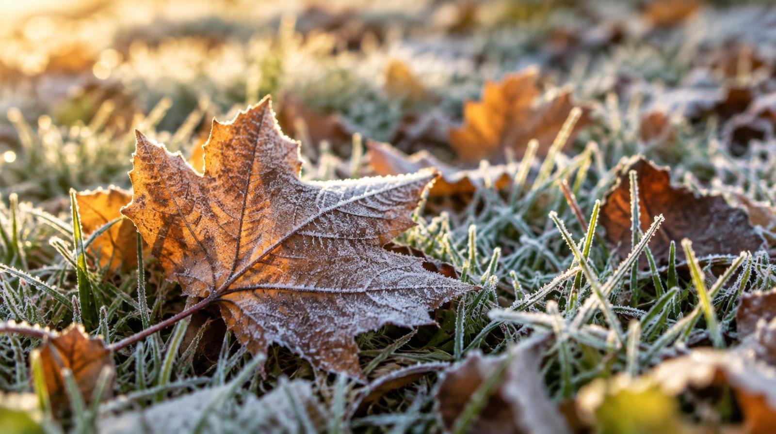 White frost covering orange and brown autumn leaves on grass.