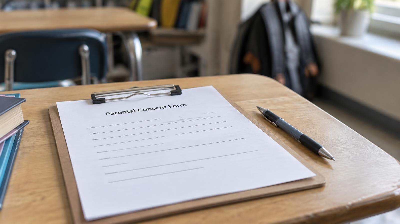 A clipboard with a blank form and pen resting on a school desk.