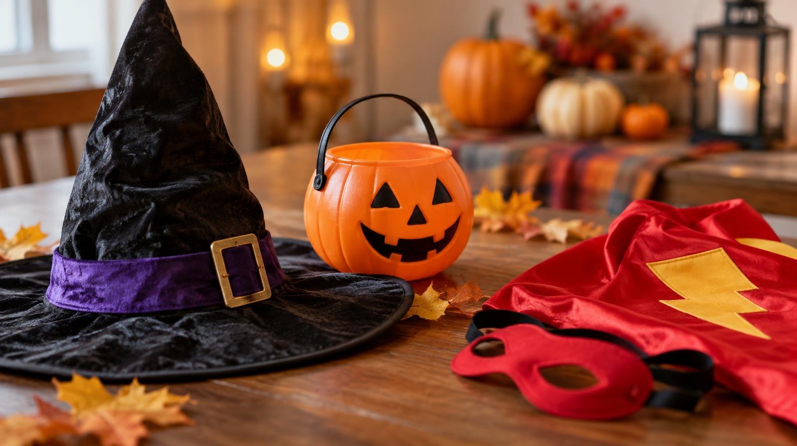 A witch hat, pumpkin bucket, and superhero cape arranged on a wooden surface.