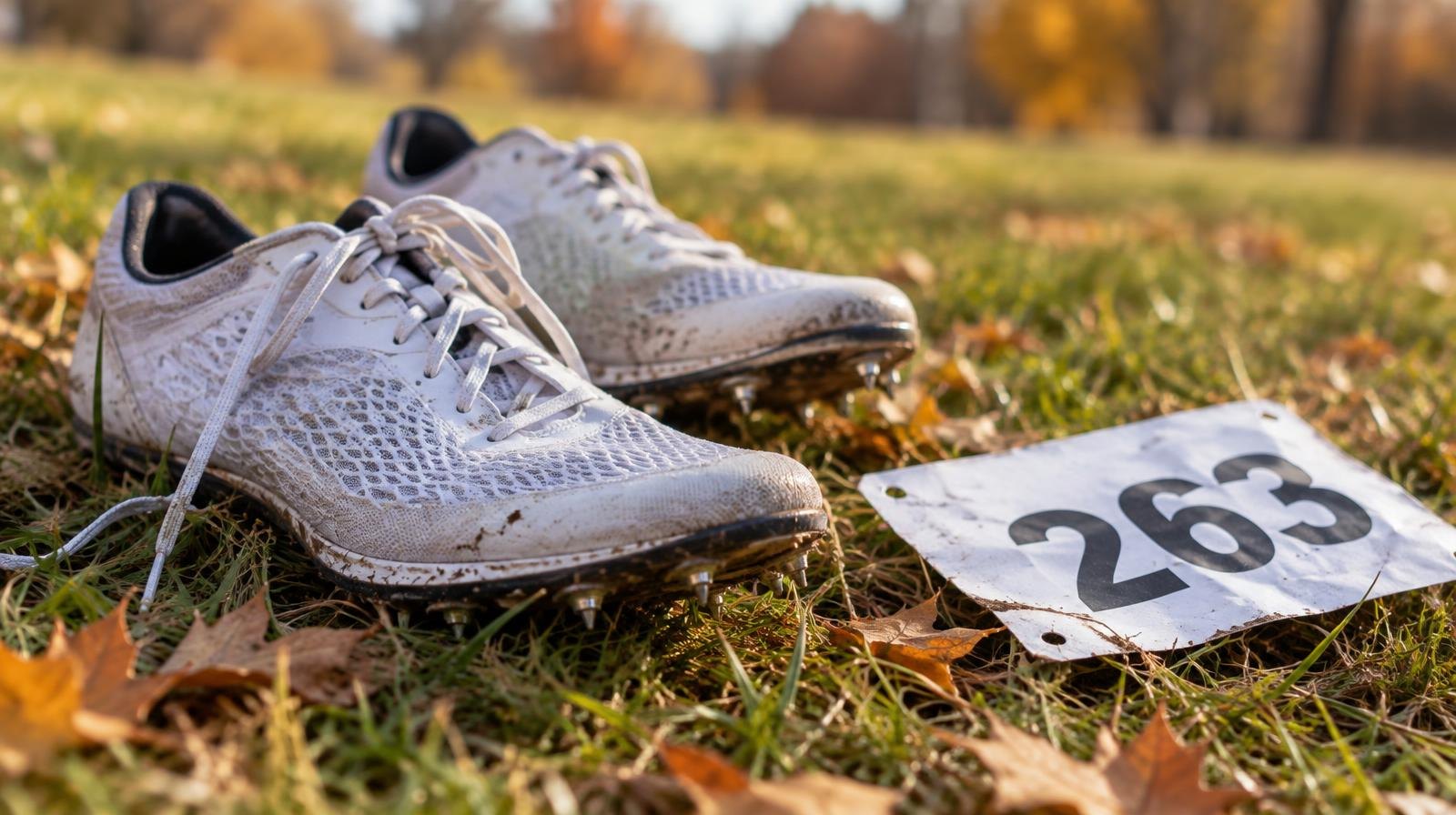 Women's cross country running spikes and a race bib on green grass.