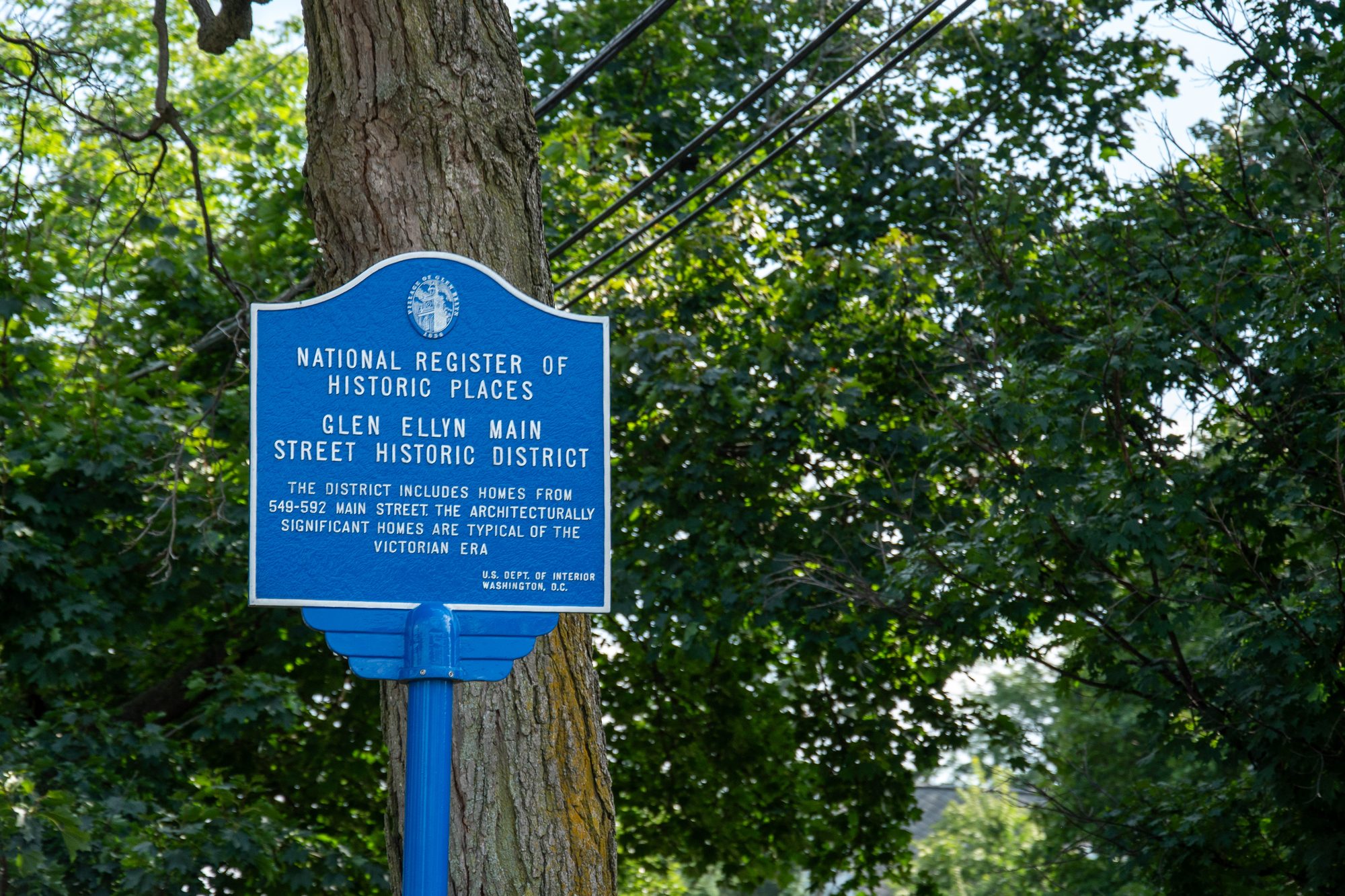 Blue historic landmark sign on a post in front of a large tree
