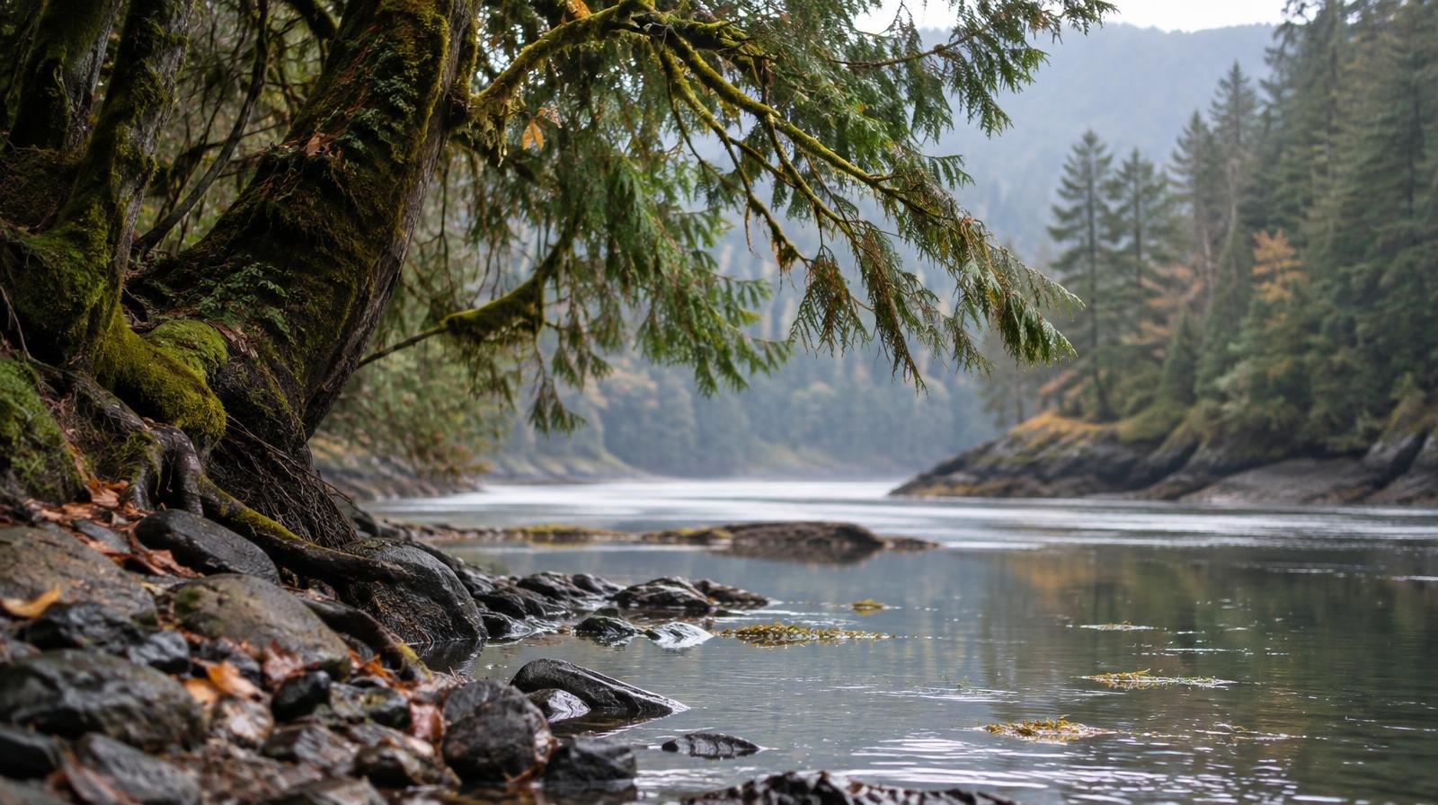 Calm estuary waters meet a forested shoreline of tall conifers.
