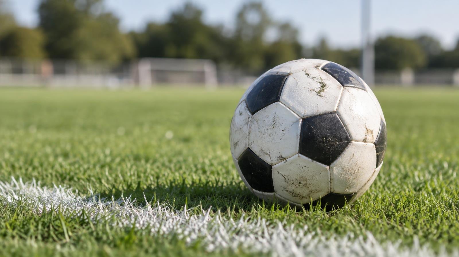 A soccer ball resting on green grass near a white painted sideline.