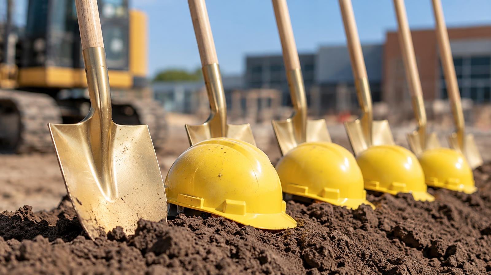 Gold ceremonial shovels and yellow hard hats resting on freshly turned dirt outdoors.