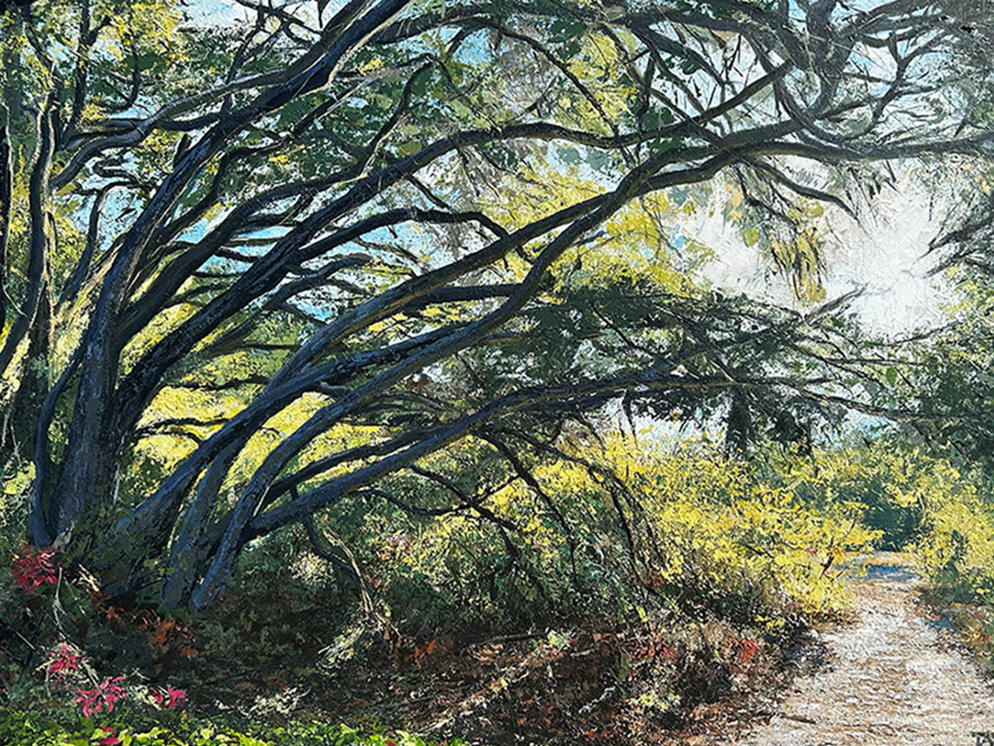 Impressionistic painting of a winding dirt path beneath arching tree branches with dappled light.