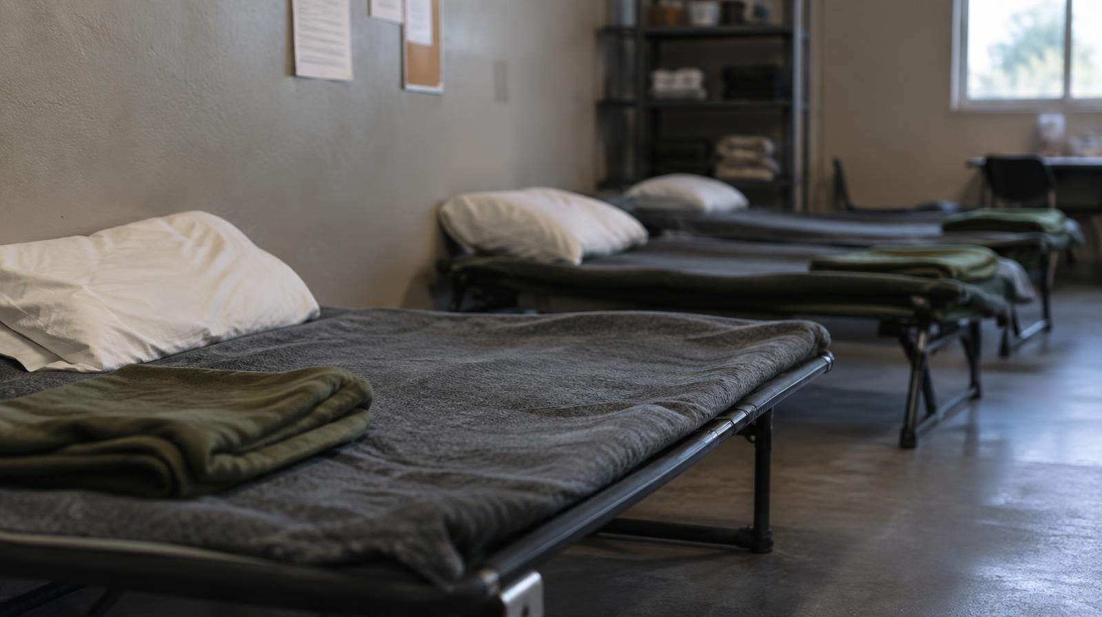 A row of empty cots lined up in a sparse, dimly lit shelter room.