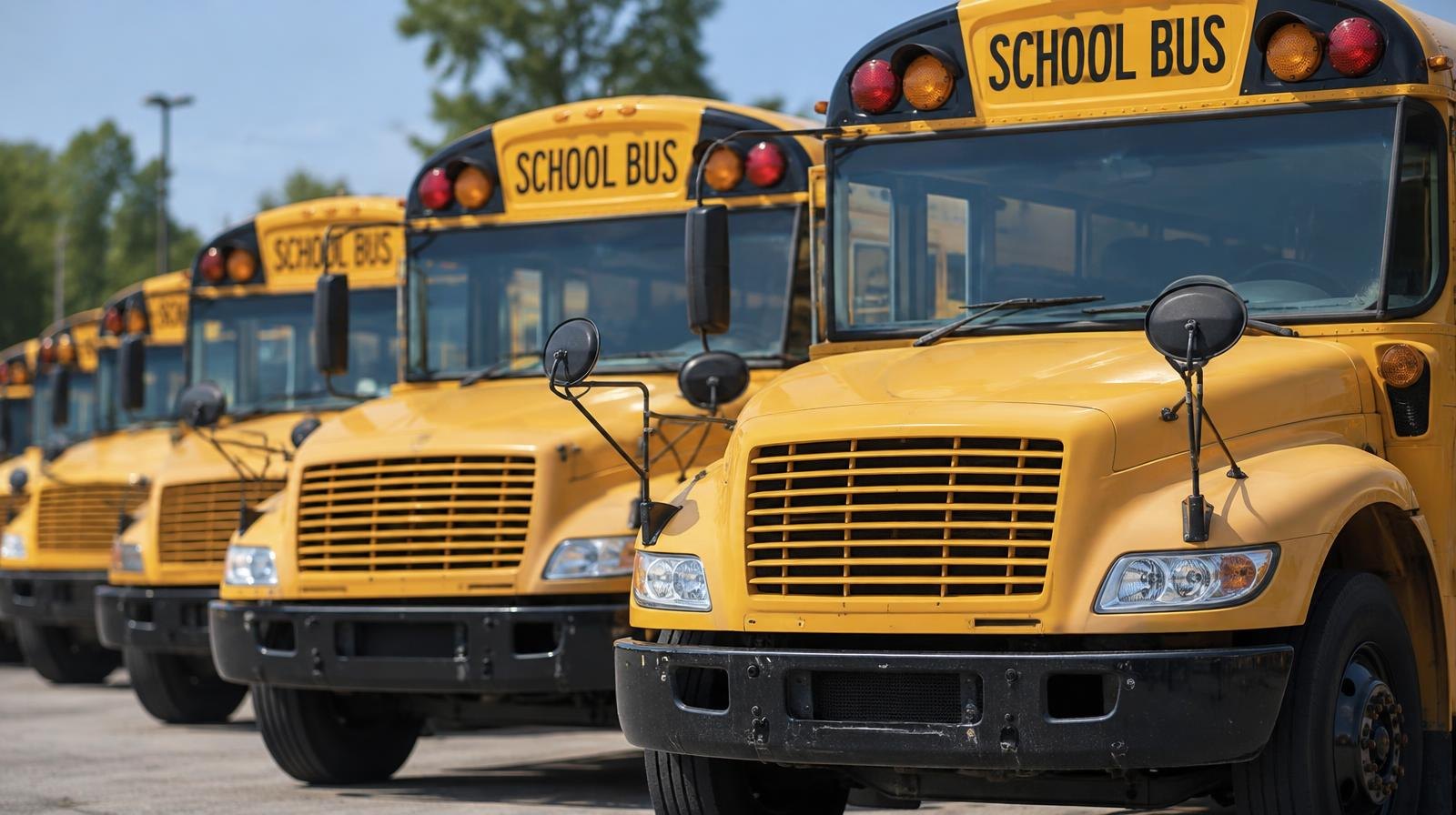 A row of yellow school buses parked side by side in an outdoor lot.