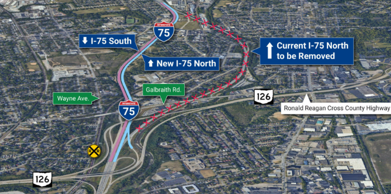 Annotated aerial map showing proposed I-75 lane realignment near Galbraith Road.