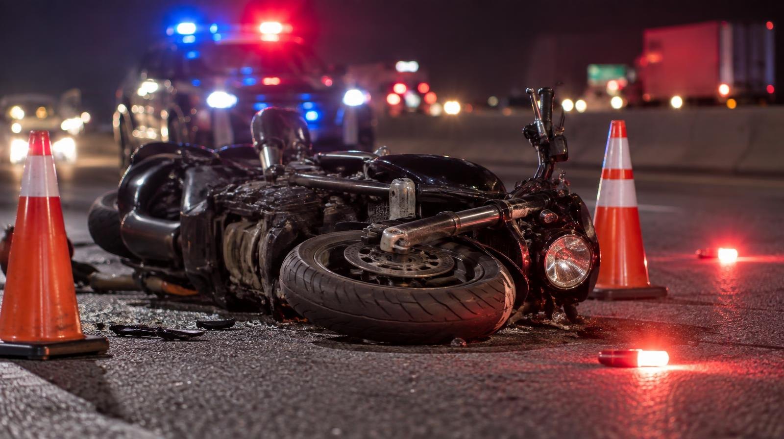 A motorcycle lying on its side on a dark highway lane surrounded by traffic cones and flares.