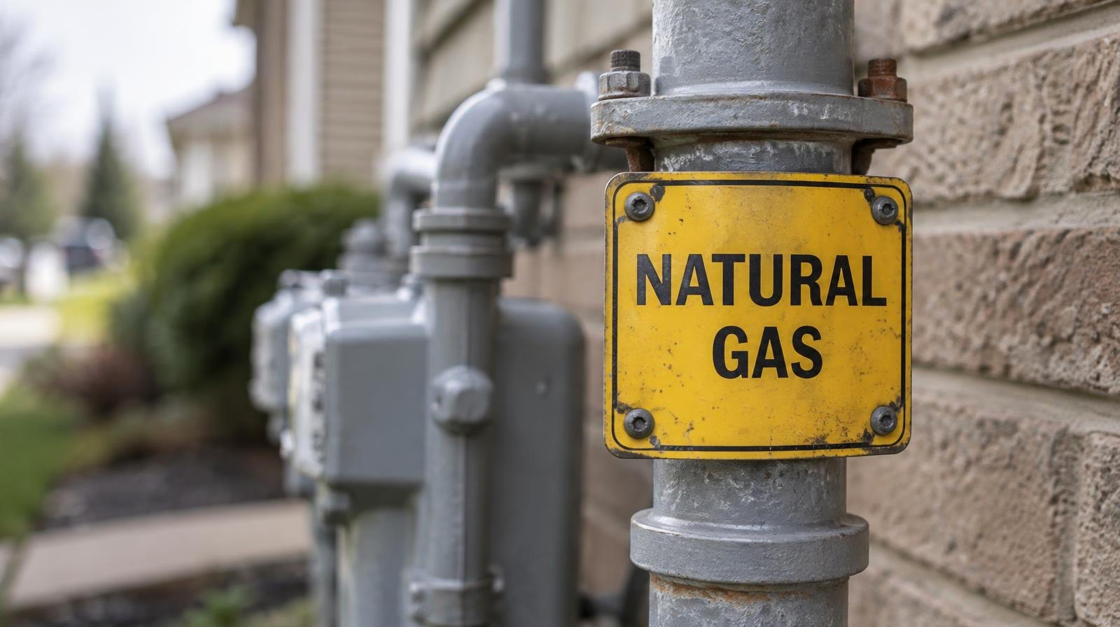 Yellow natural gas warning sign mounted on a metal pipe outside a building.