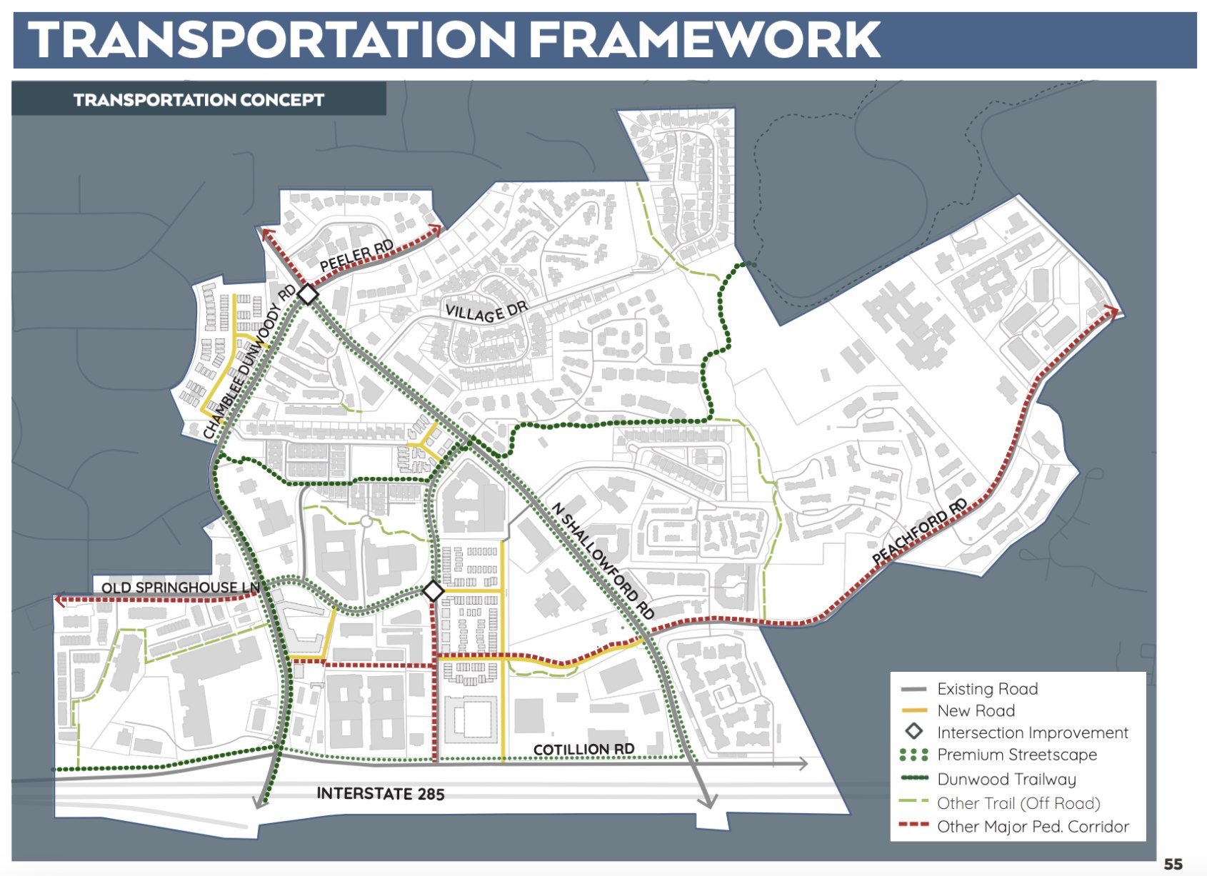 Transportation framework map with color-coded existing roads, new roads, and intersection improvements.