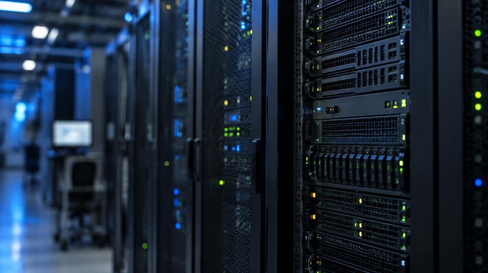 Rows of black server racks with blinking lights in a dimly lit data center.