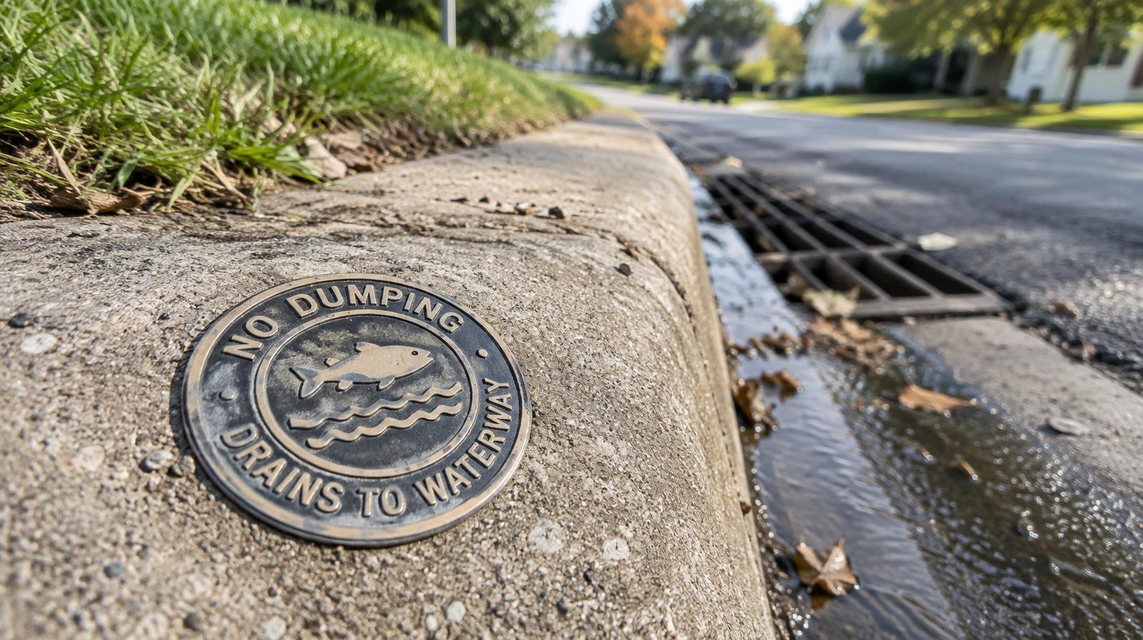 Round metal storm drain marker set into a concrete curb beside a street gutter.