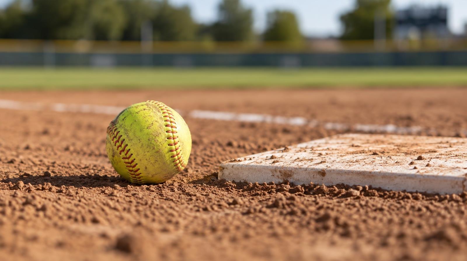 Yellow softball resting on a dirt pitcher's mound beside a white rubber plate.