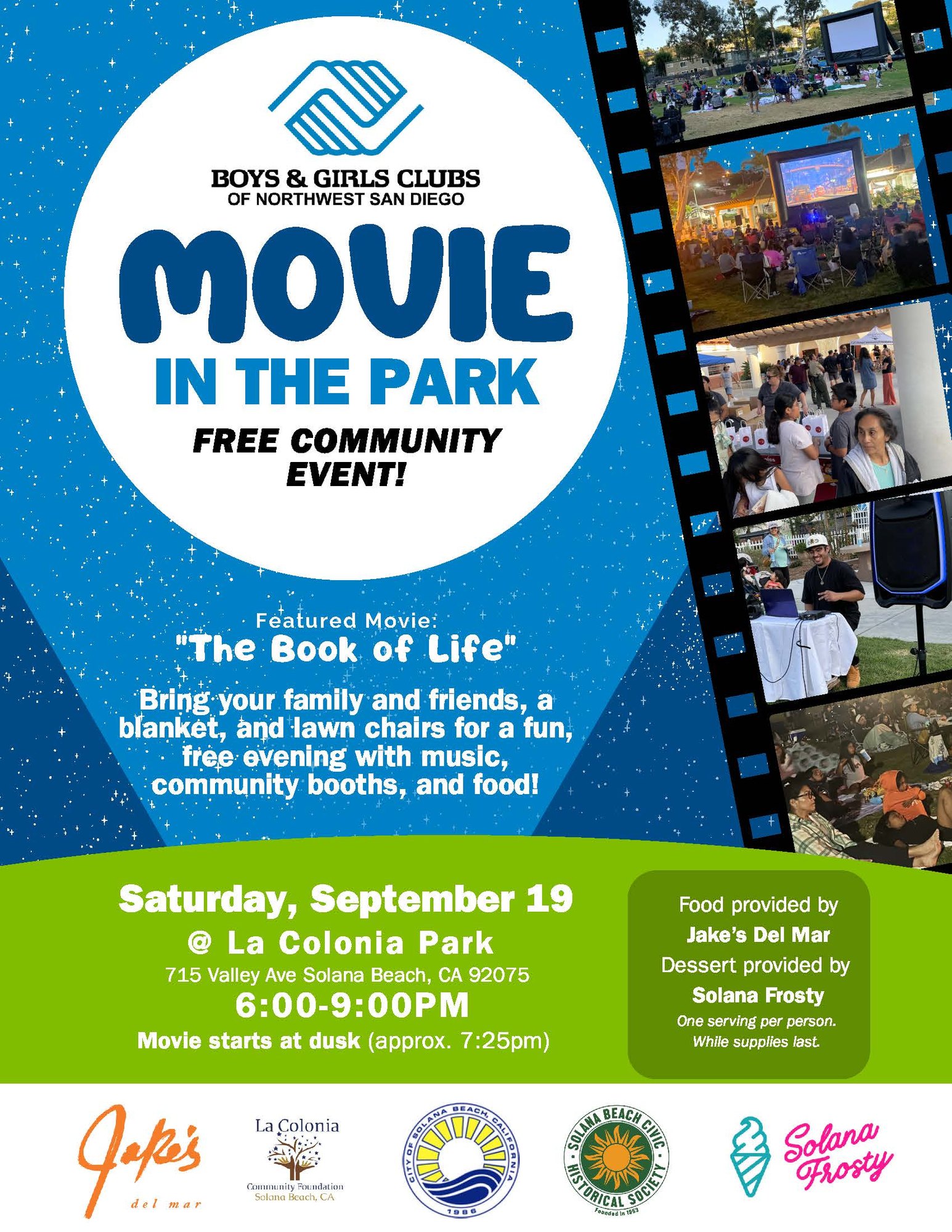 Promotional flyer for a free outdoor movie night at a community park.
