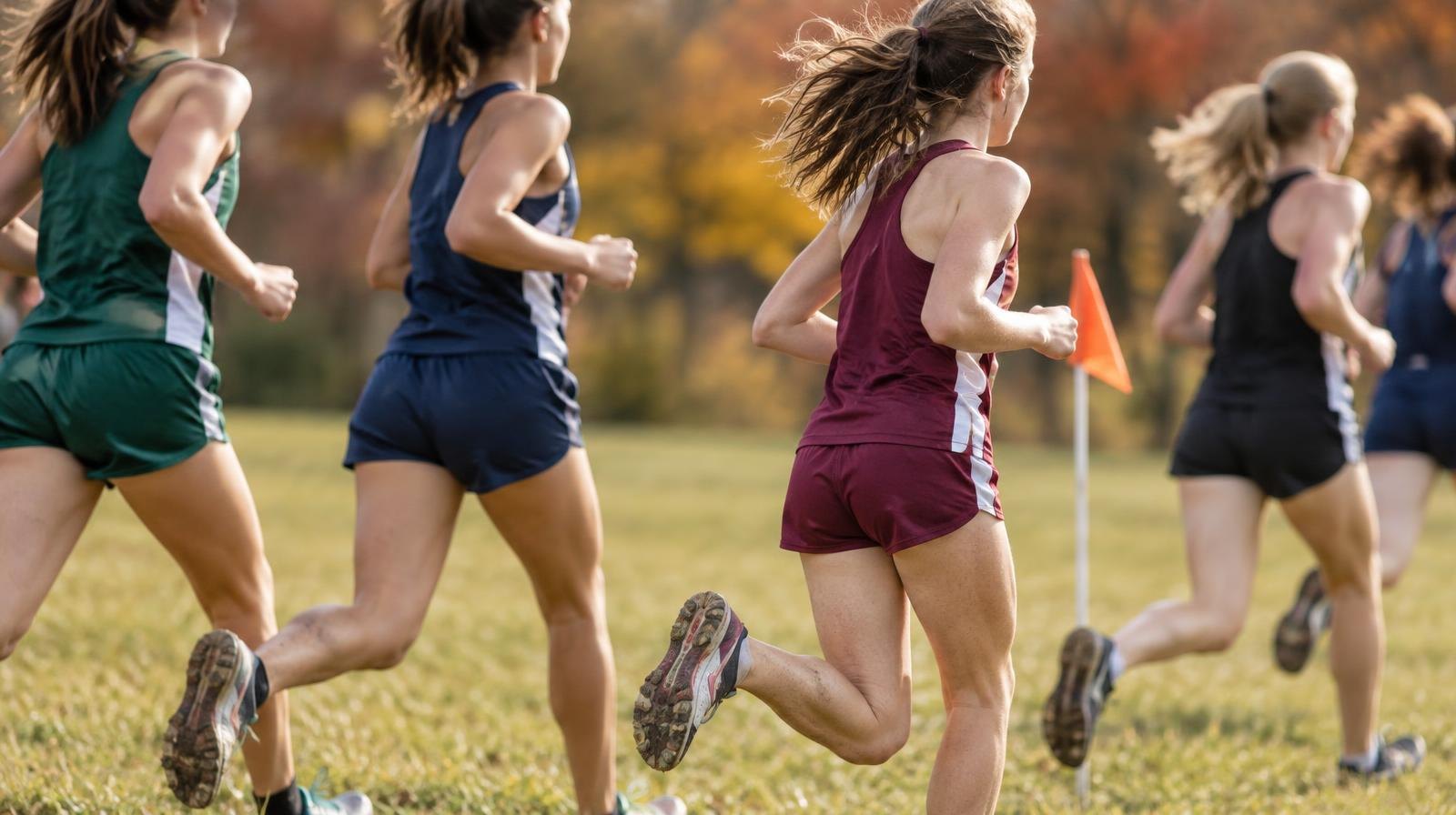 Runners race across an open grass field with colorful autumn foliage in the background.