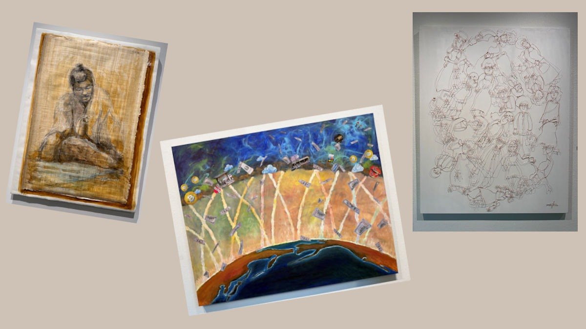 Three artworks hang on a gallery wall, including a colorful landscape and a circular line drawing.