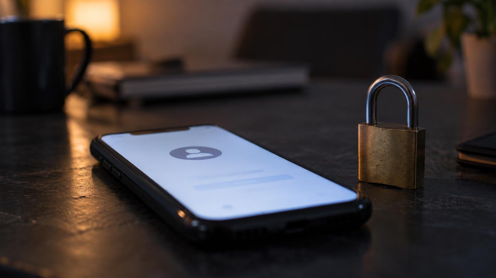 A glowing smartphone face-up on a dark surface beside a small padlock.