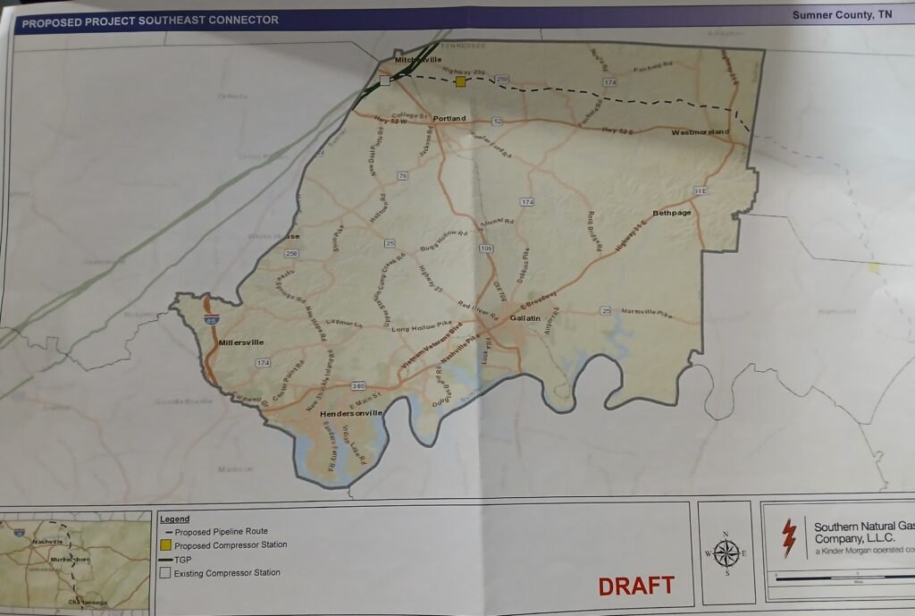 Draft map showing a proposed pipeline route and compressor station locations across Sumner County, Tennessee.