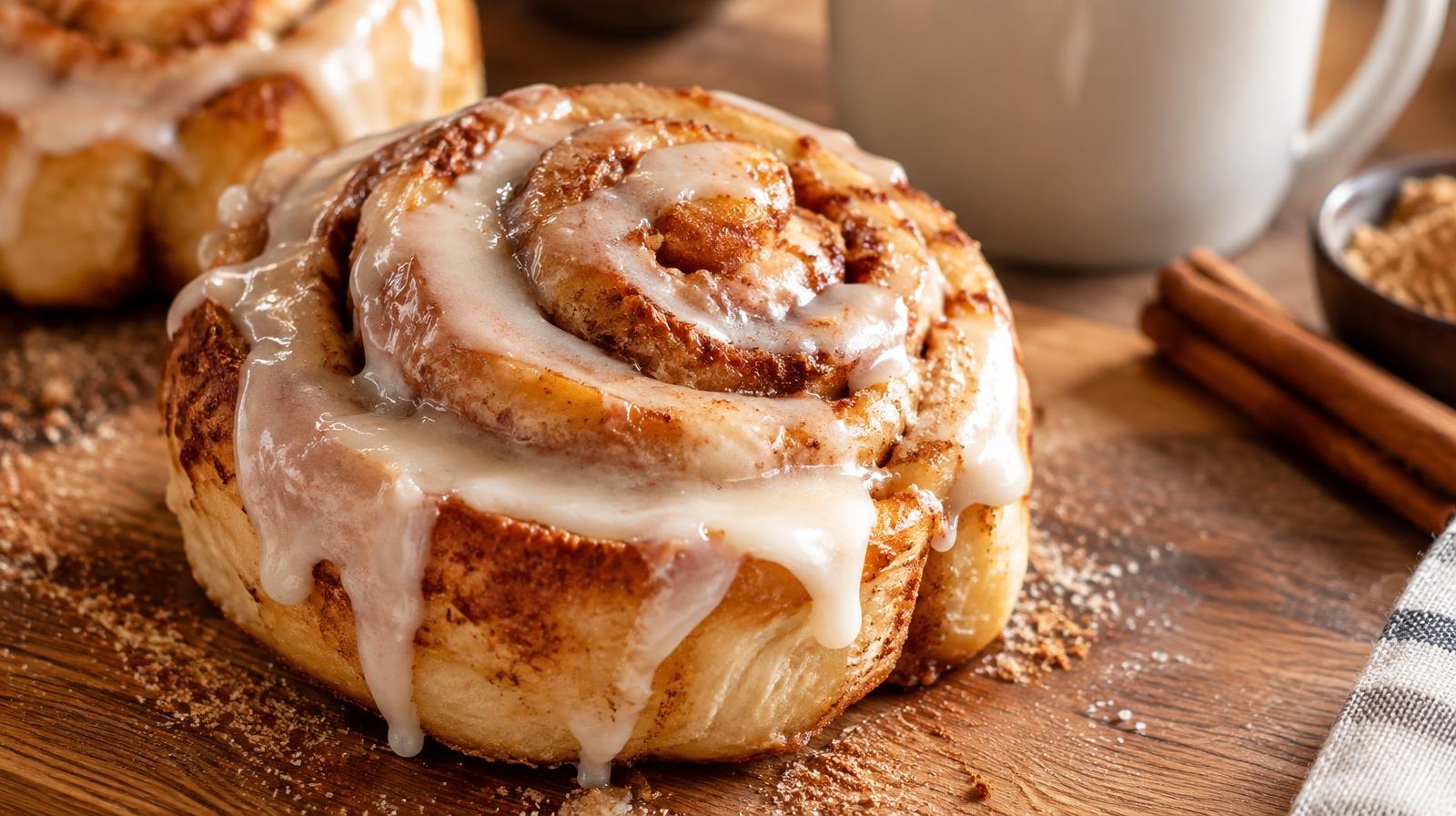 A glazed cinnamon roll with white icing on a wooden surface.