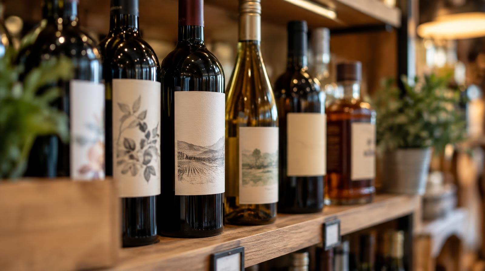 Wine and spirits bottles arranged on a wooden retail shelf.