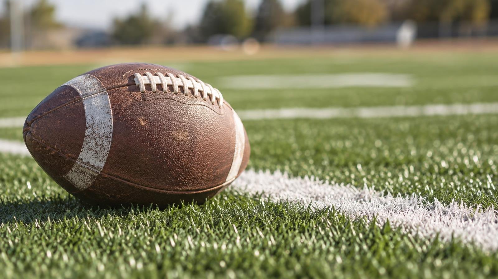 An American football resting on green artificial turf beside a white yard line.