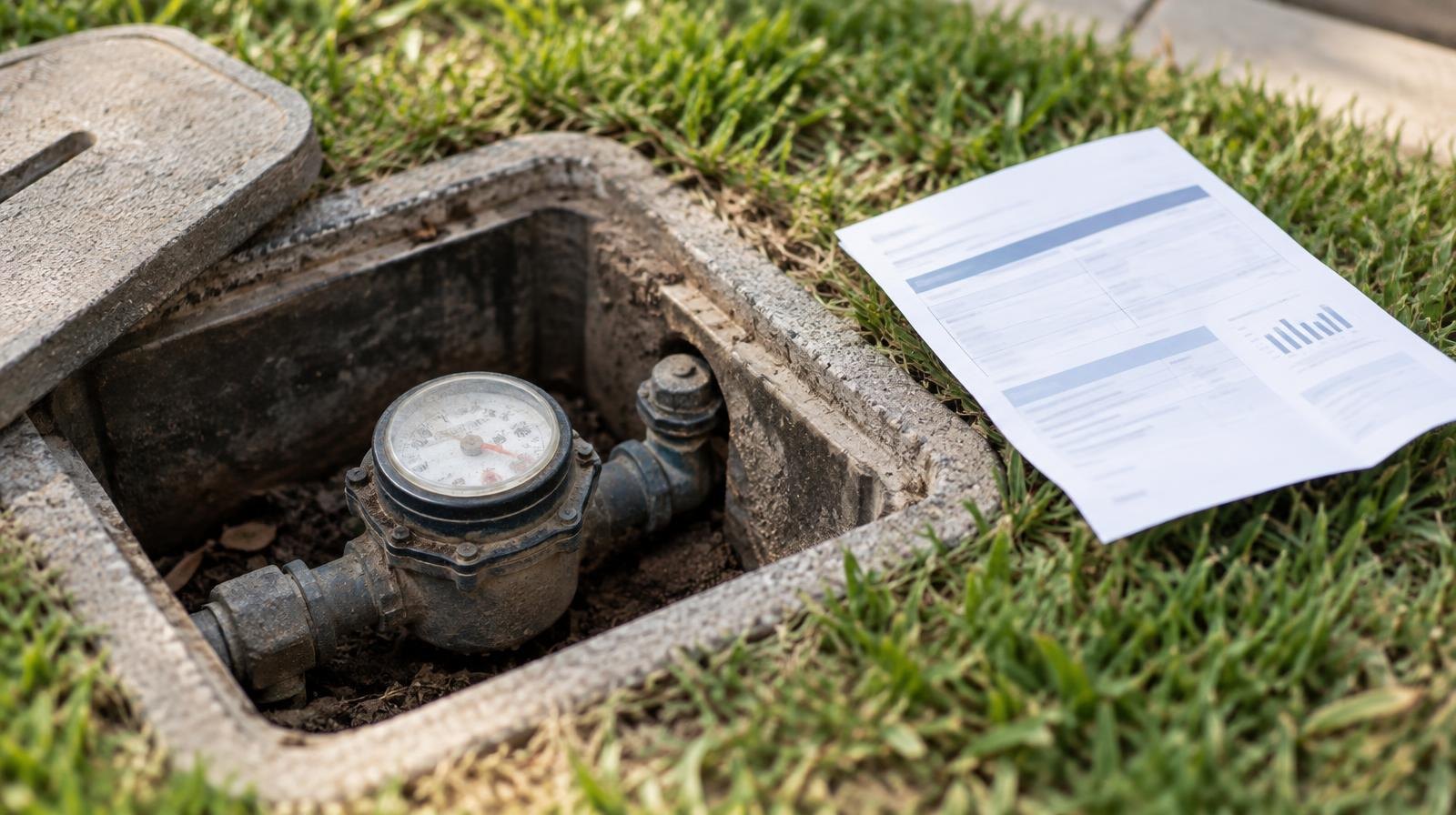 A residential water meter set in a concrete box in the ground.