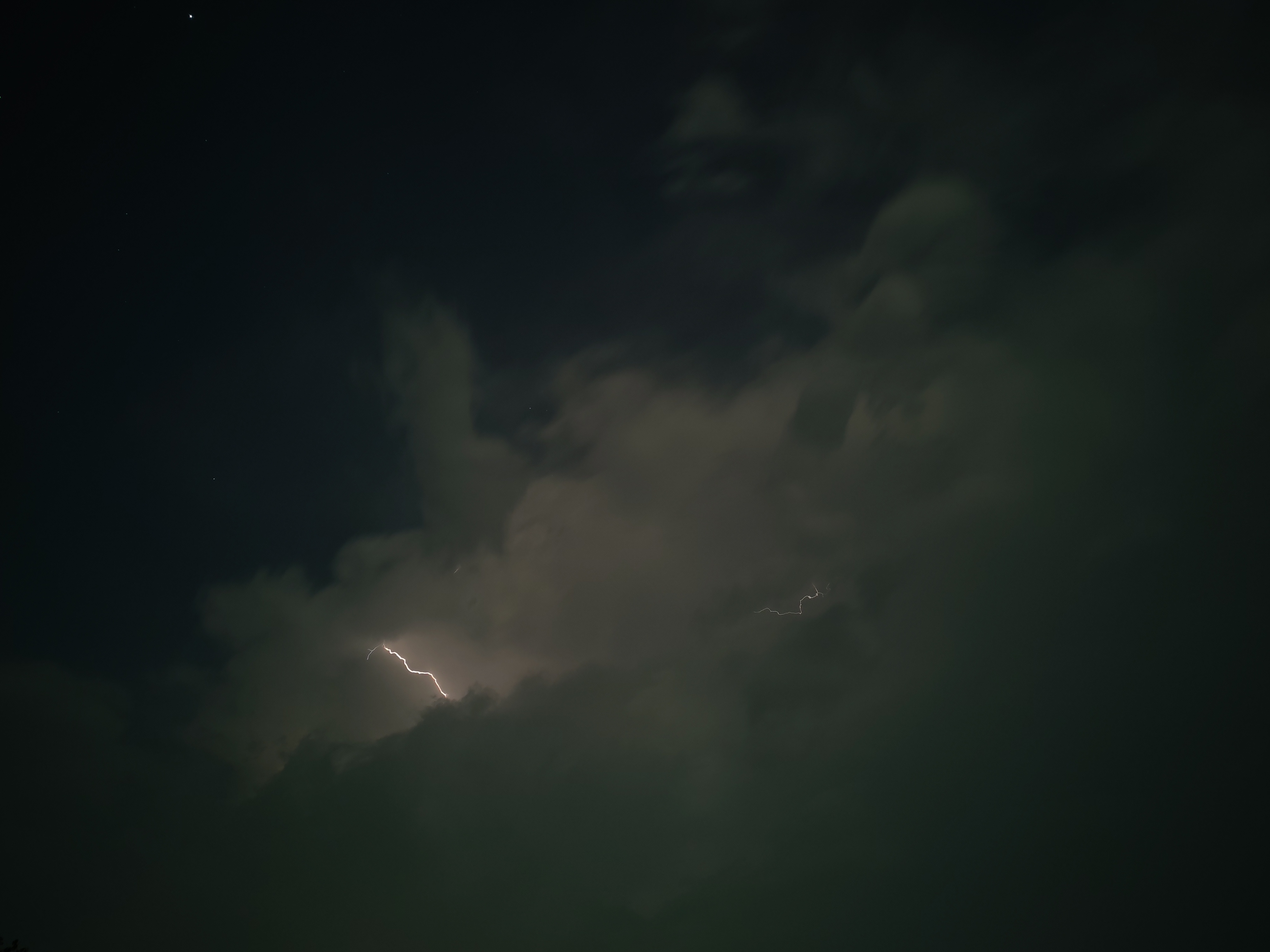 Multiple lightning bolts flash within dark storm clouds above a silhouetted tree line at night.