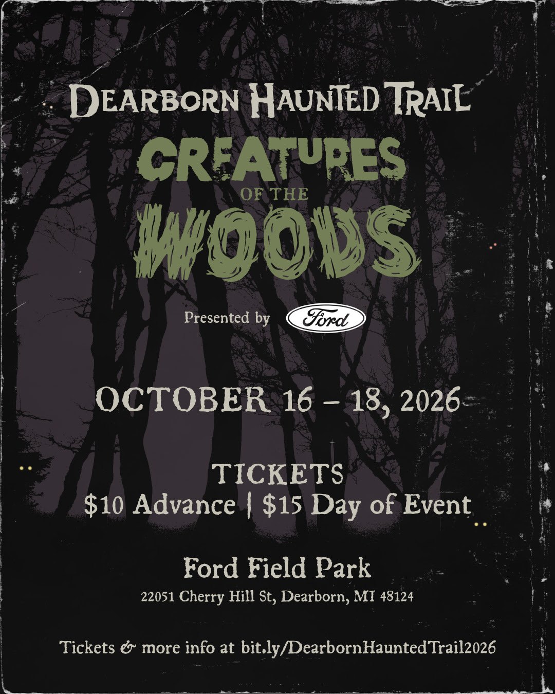 Dark wooded event flyer with Halloween imagery and text listing dates and ticket prices.