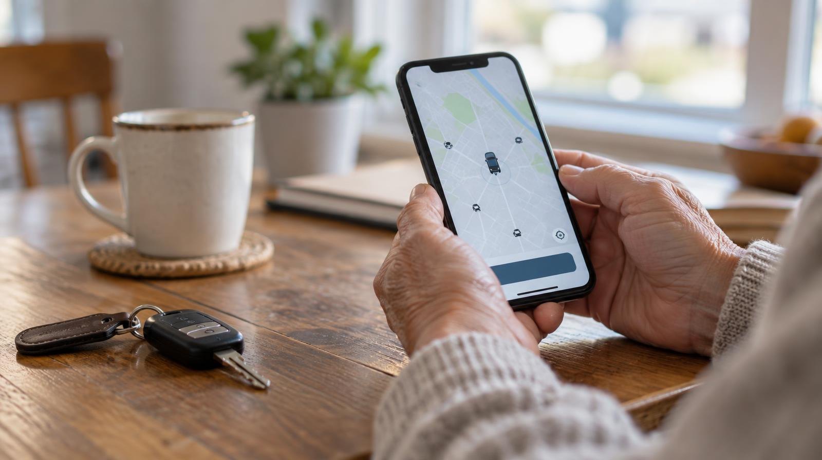 Older adult hands holding a smartphone with a map app, next to car keys on a table.