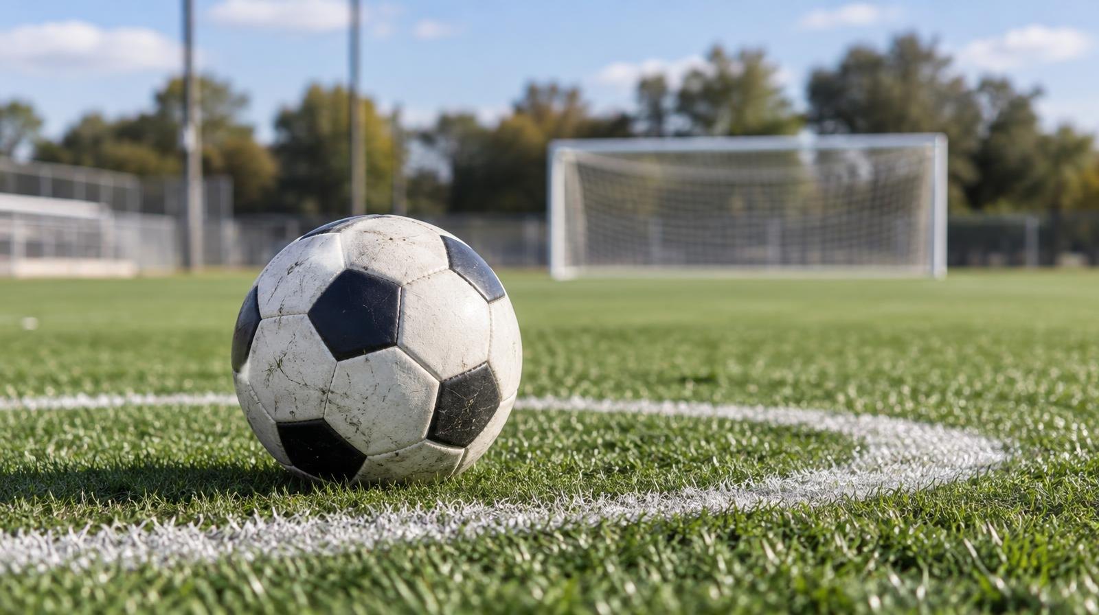 A soccer ball resting on the center circle of a green grass field with a goal in the background.