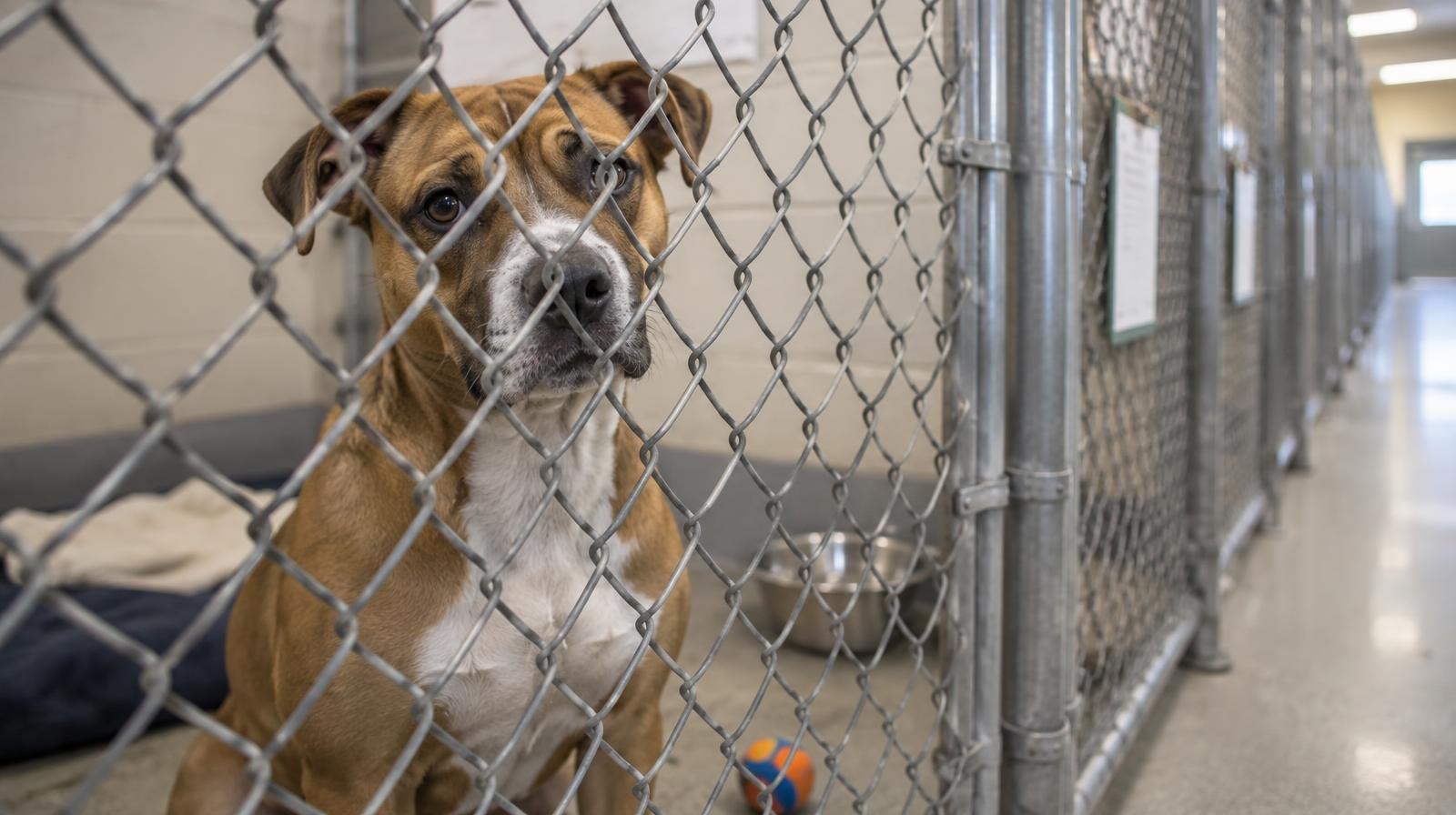 A dog sitting calmly inside a chain-link kennel run at an animal shelter.