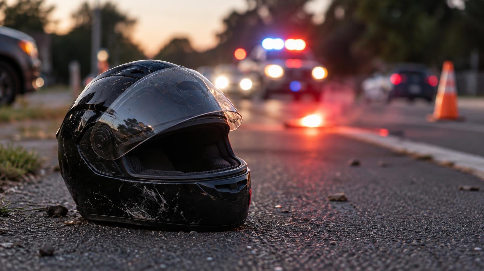 A motorcycle helmet resting on dark asphalt with glowing emergency flares behind it.
