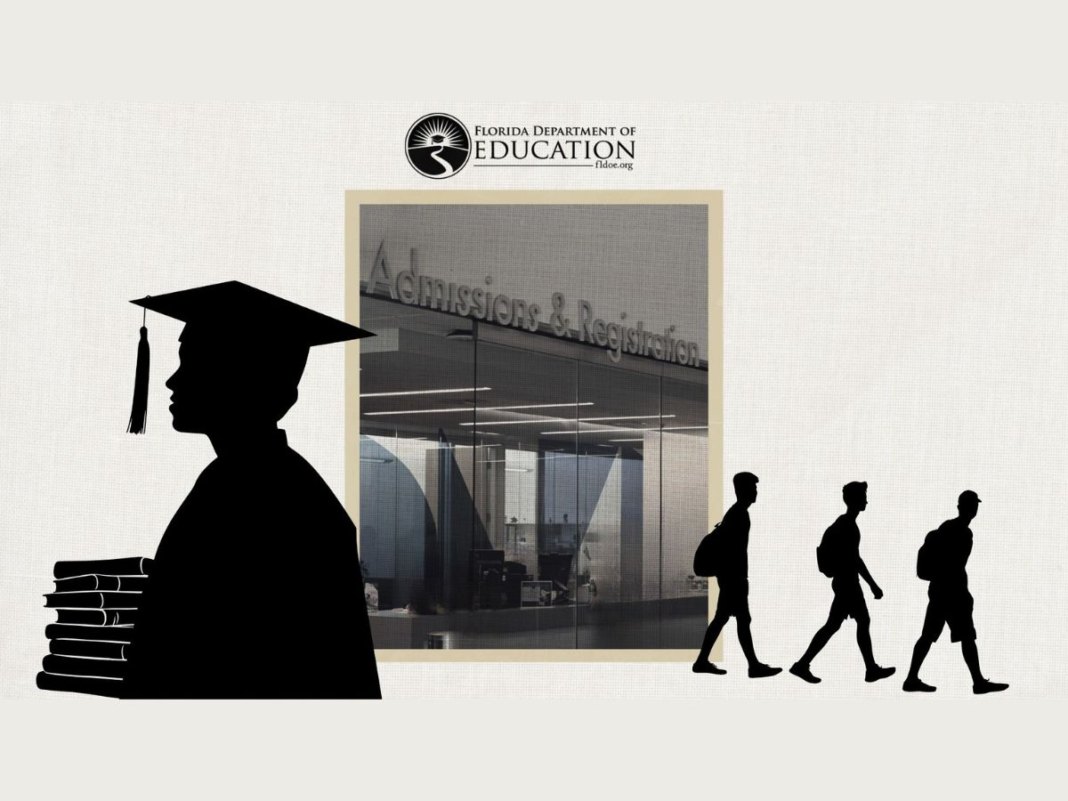 Illustration showing students walking toward an admissions office with Florida Department of Education logo and graduate silhouette.
