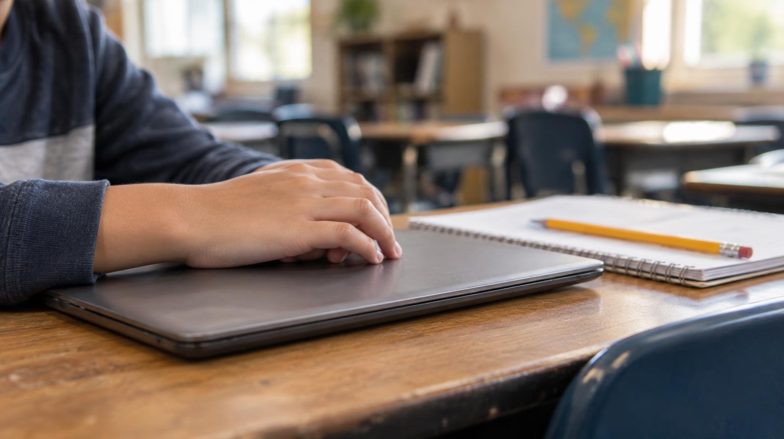 A closed laptop and open notebook on a wooden school desk in a sunlit classroom.