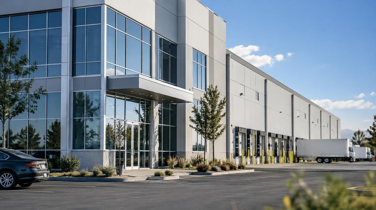 Modern industrial building with glass facade, loading docks, and parking lot.