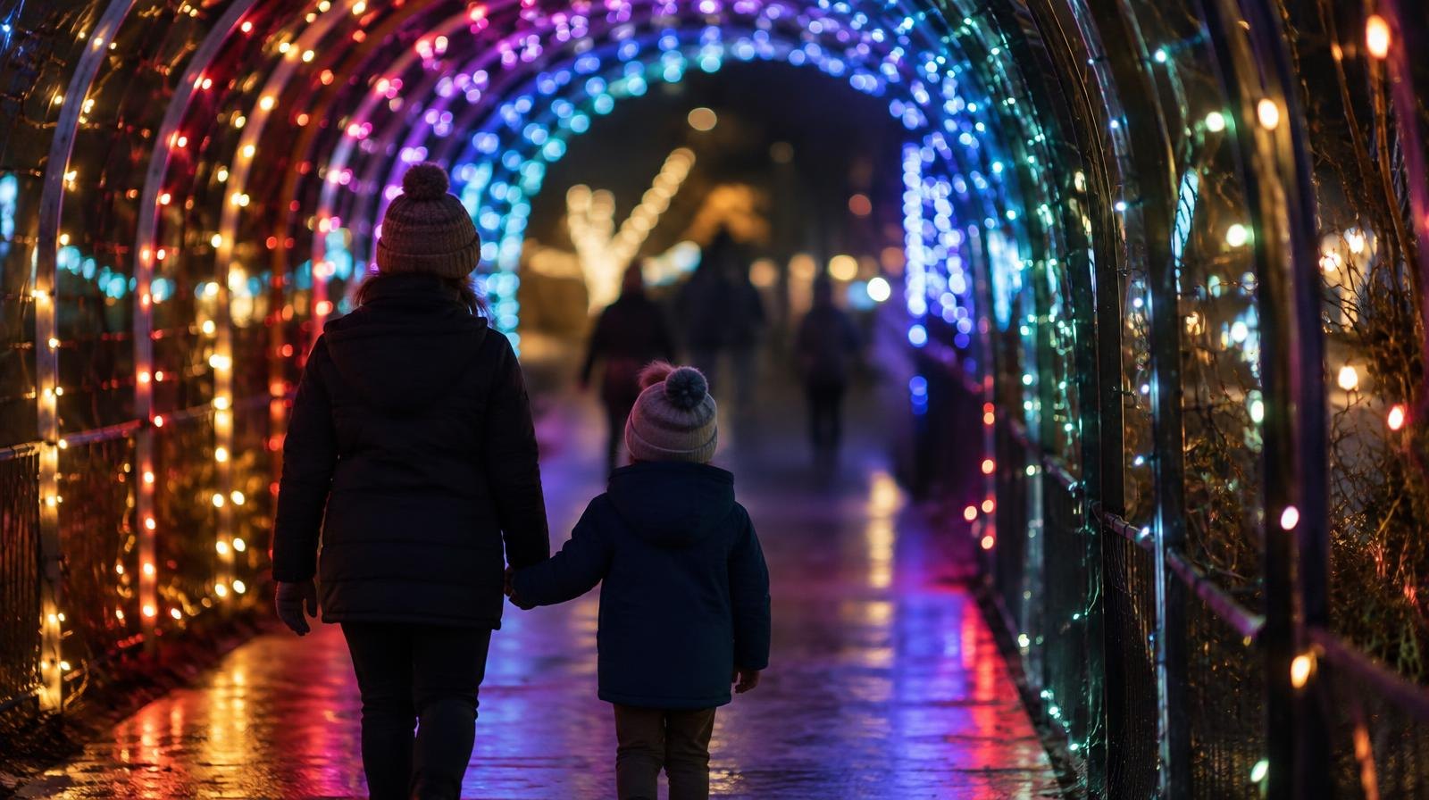 Colorful LED lights forming an arched tunnel over a dark walking path at night