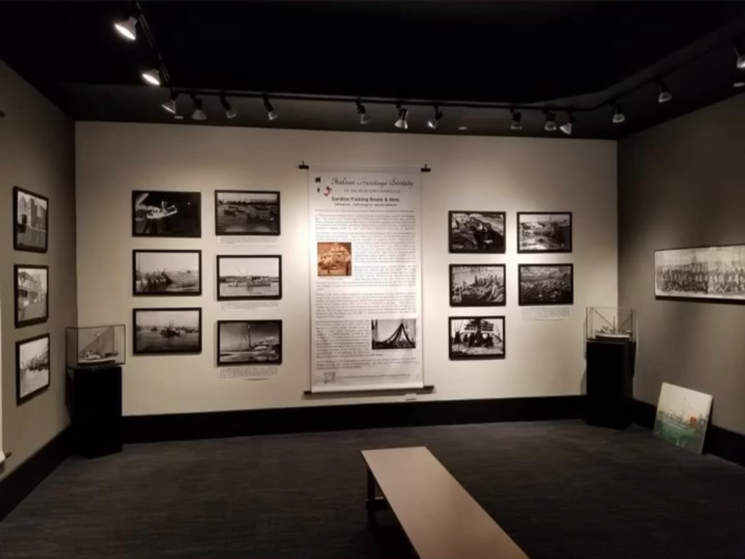 Museum gallery with black-and-white historical photographs on walls and display cases under track lighting.
